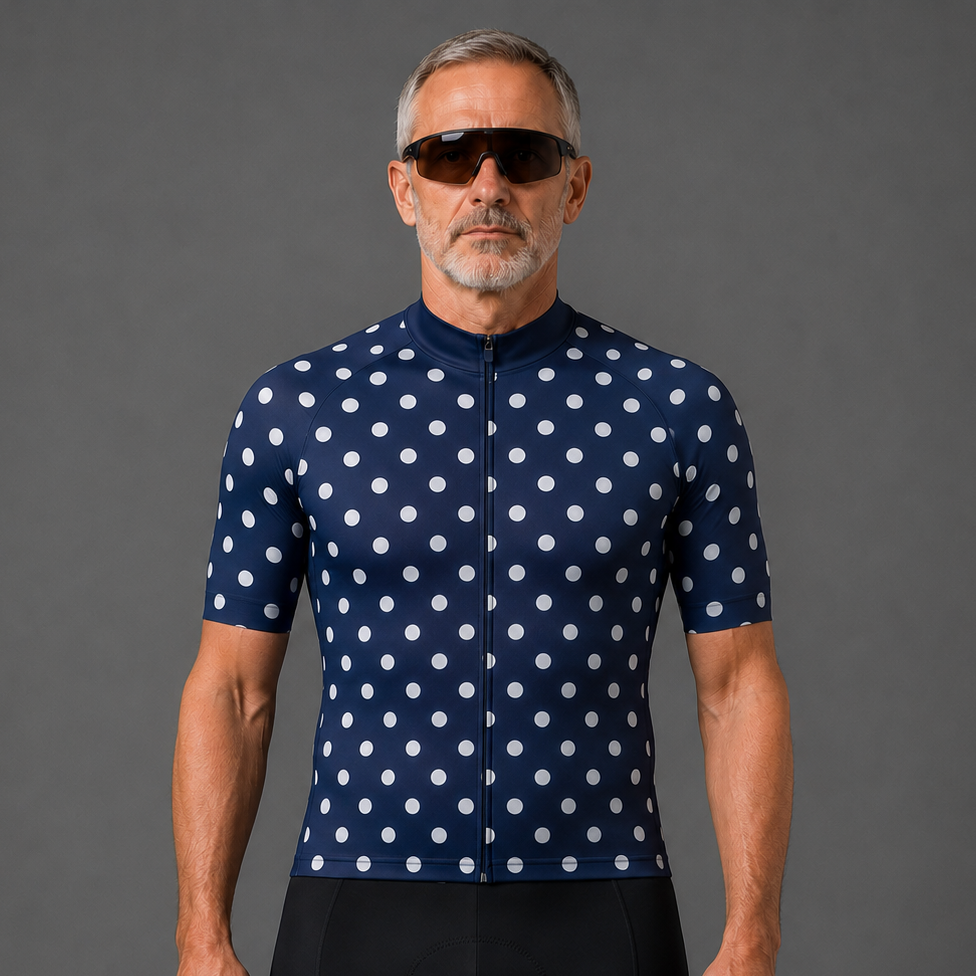 A man wearing a navy blue short-sleeve cycling jersey with white polka dots and black cycling shorts, standing against a solid gray studio background.